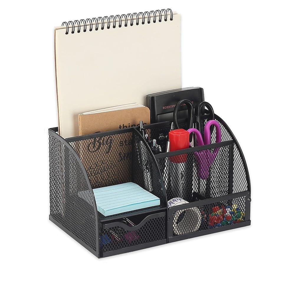 Eidoct Mesh Desk Organiser & Pen Holder with 6 Compartments + Slide Drawer - Multi-Use Office & Home Storage Solution for Stationery, Files, Desk Accessories, Black