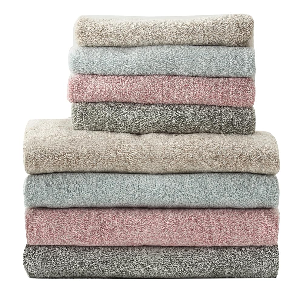 BREEZENEST 8-Piece 100% Cotton Towel Set, 4 Bath Towels & 4 Hand Towels, Highly Absorbent Quick-Dry