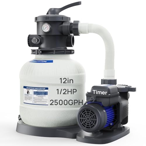 AQUASTRONG Sand Filter Pump for Above Ground Pool with Timer, 1/2 HP Pool Pumps Above Ground 2500 GPH for Pools up to 9000GAL, 12in Pool Sand Filter with 6-Way Valve, Improved Circulation & Filtration