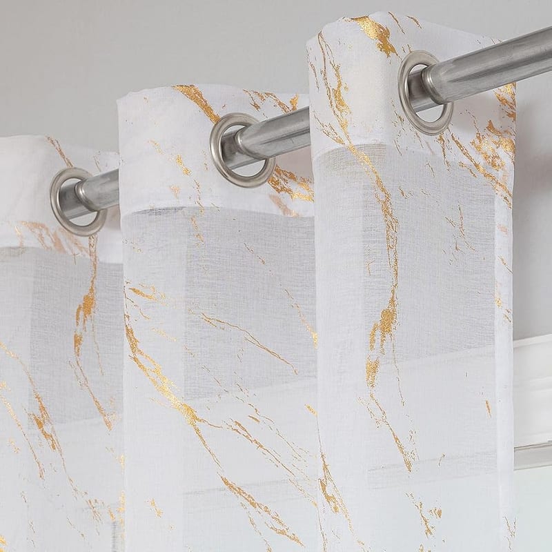 John Aird Voile Curtains, Eyelet, Gold Foil Printed Marble Design, White Linen Effect Voile, 52in Wide x 54in Drop