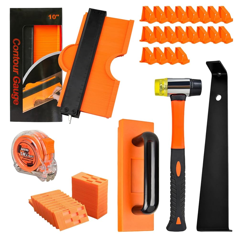 Wood Flooring Installation Kit, 65Pcs Laminate Flooring Tools | 2-in-1 Spacers, Tapping Block with Handle, Pull Bar, Rubber Mallet, Contour Gauge for DIY Professionals