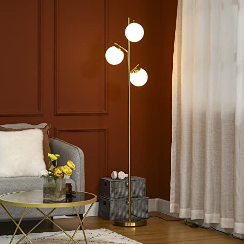 HOMCOM Dimmable Tripod Floor Lamp with Foot Switch, Nordic Standing Lamp with Wood Legs and Fabric Shade