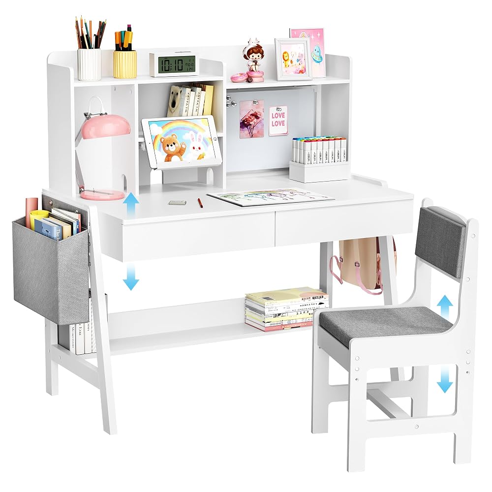 Pamapic Kids Desk and Chair Set with Hutch, Drawers, Book Stand & Whiteboard, White