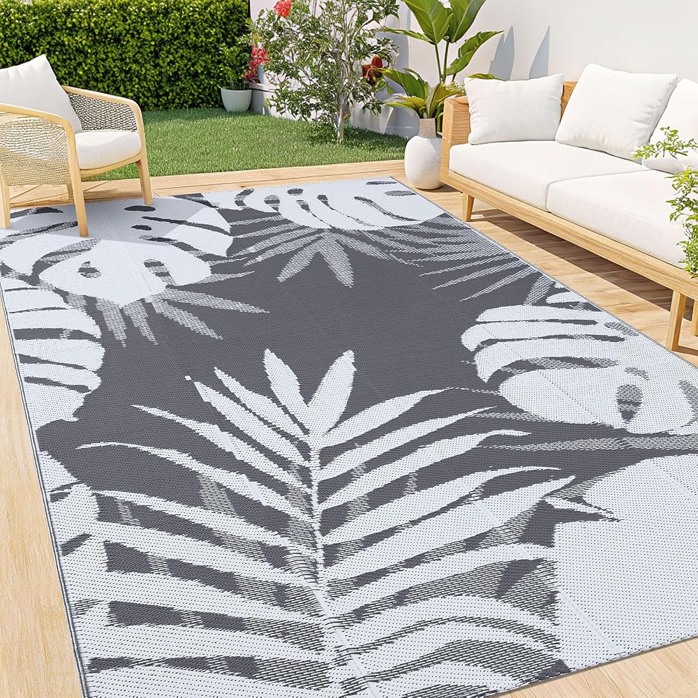 Homaxy Waterproof Outdoor Rug, Anti-Slip Reversible Plastic Straw Garden Rug, 120 x 180cm, White & Grey