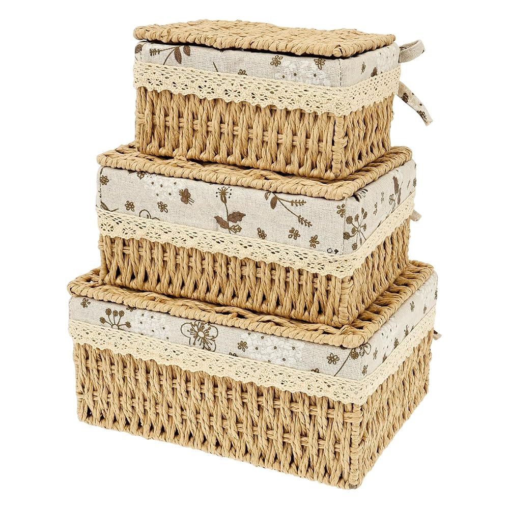3Pcs Rattan Woven Storage Basket for Shelves, 3 Sizes Rectangle Hand-Woven Hamper Basket with Lid