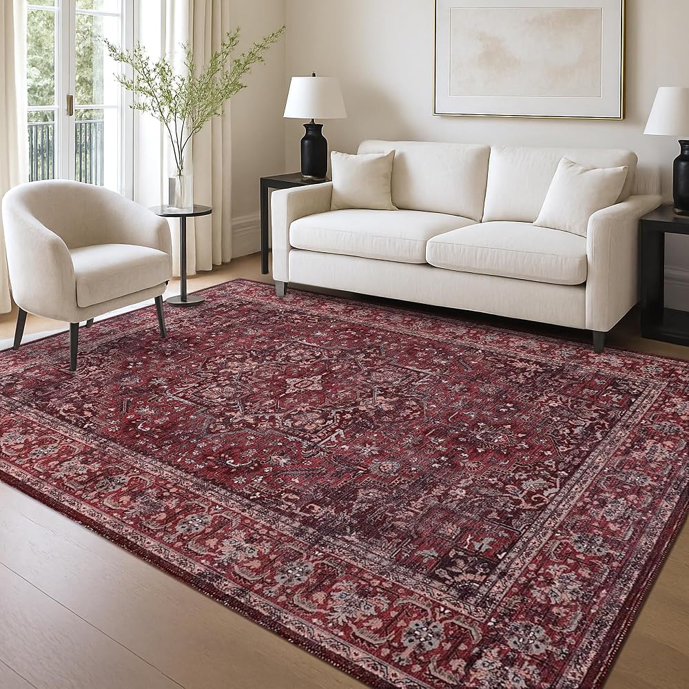 RUGS DEPOT Machine Washable Area Rug 160x230cm, 4mm Thin Vintage Chenille Carpet, Non-Slip Cotton Backing