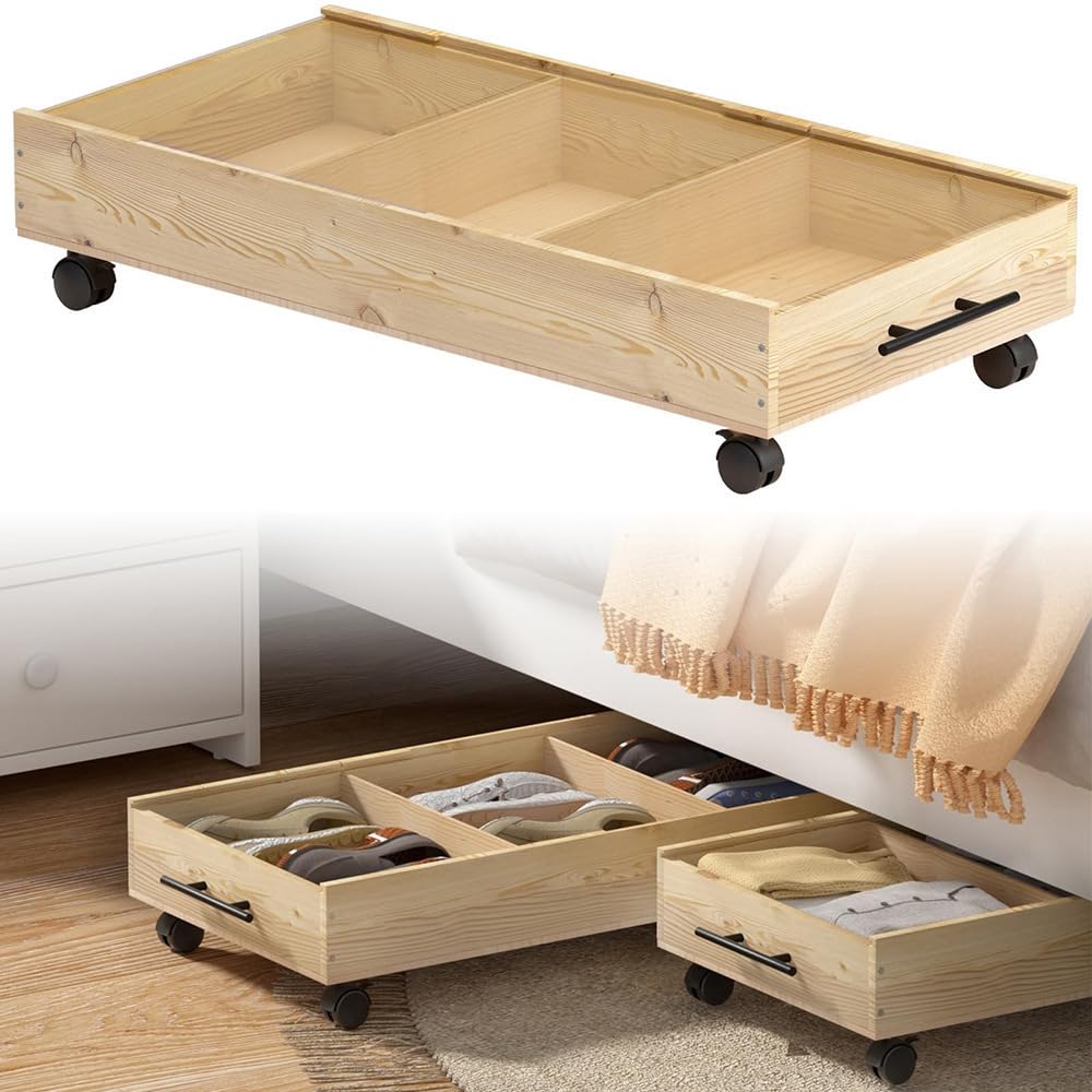 CHZIMADE Under Bed Storage Containers, Underbed Wooden Organizer Drawers with Wheels, Open-Top Mobile Box