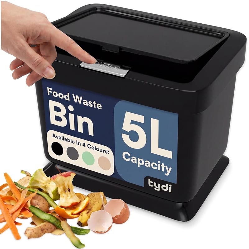 Tydi 5L Food Waste Bin with Press-Button Lid, Black | Kitchen Compost Caddy, Anti-Slip Base, Secure Closure, Sits in a Cupboard or on the Countertop