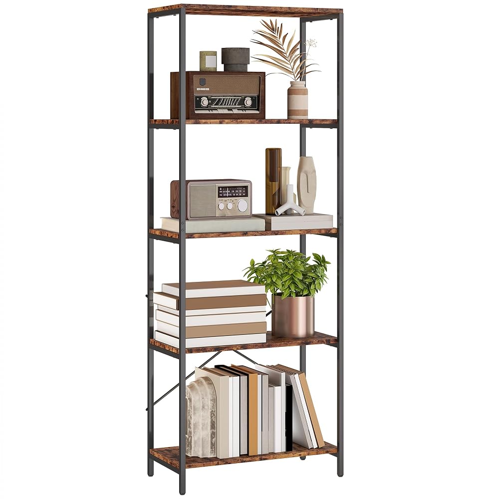 HOMCOM 5-Tier Bookshelf, Industrial Bookcase, Floor Standing Book Shelf with Metal Frame, Rustic Brown and Black