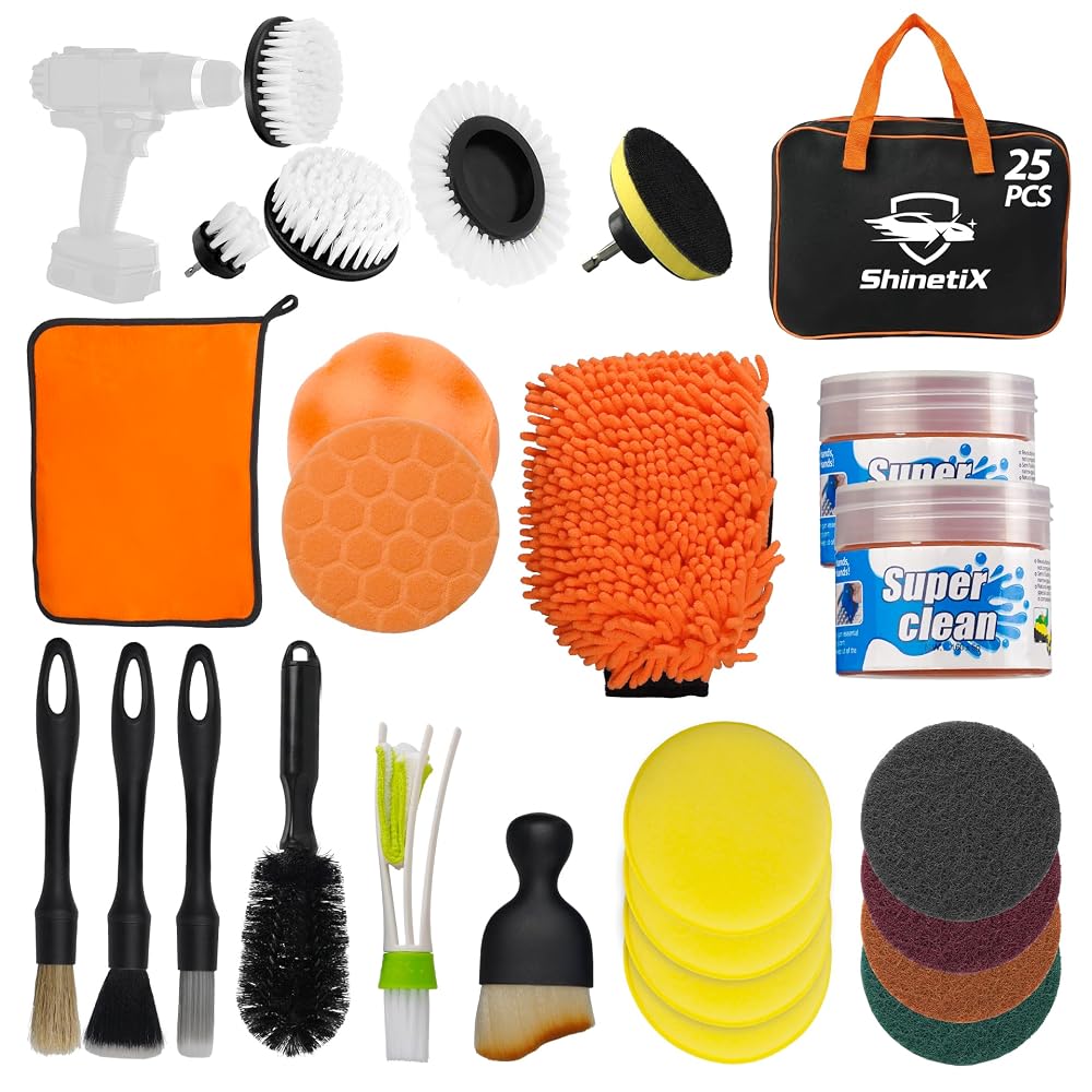 ShinetiX 25 PCS Car Cleaning Kit Car Detailing Kit with Drill Brushes, Interior Detailing Brushes, Car Cleaning Gel, Wash Mitt & Towel