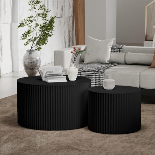 Black Round Coffee Table Set of 2, Modern Wooden Nesting Coffee Tables