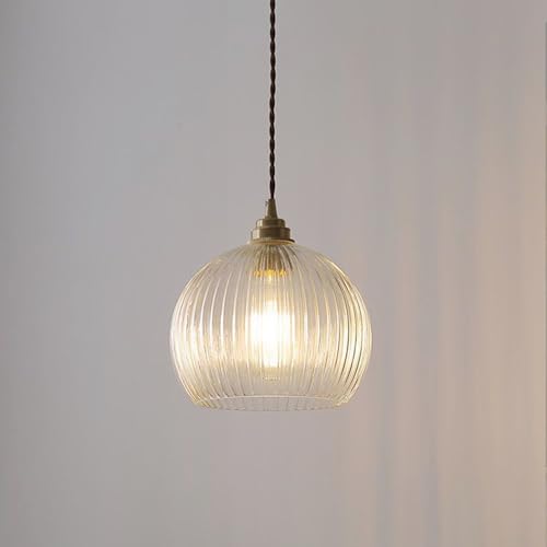 Ribbed Glass Pendant Light for Kitchen Island, Dome Glass Hanging Lamp, Modern Ceiling Suspension