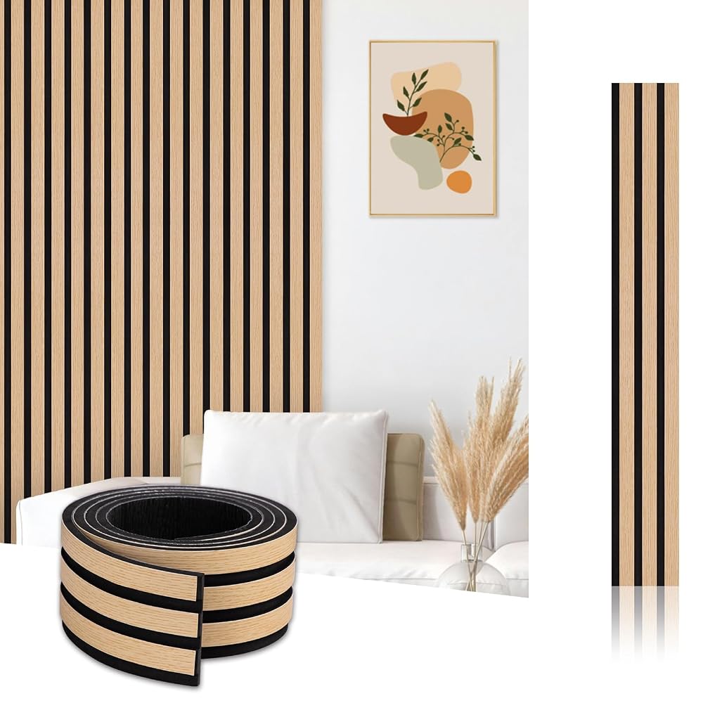 WoStick Self Adhesive Slat Wall Panels, Decorative Peel and Stick Acoustic Wall Panels, 3D Wood Panel for Walls (2.5 Meters/roll)