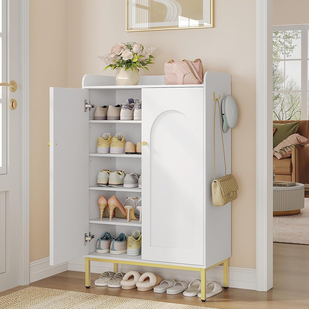 Hzuaneri Shoe Cabinet with 2 Doors, White, Wooden Storage Organizer with Adjustable Shelves, 5 Tier