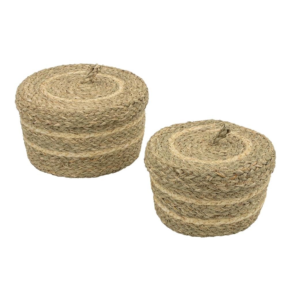 JVL Palma Set of 2 Natural Round Storage Baskets with Lids