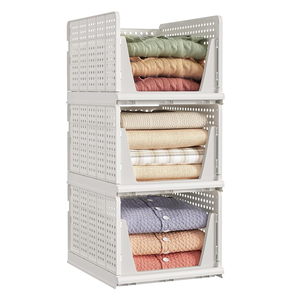 SONGMICS Stackable Wardrobe Storage, Foldable Closet Organiser with 3 Pull-Out Baskets, White