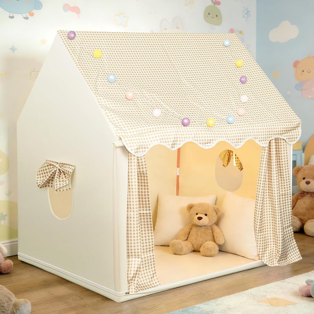 eSynic Kids Playhouse Tent with Lights & Storage Bag For Indoor & Outdoor | 120Lx100Wx130H cm, 10Mins Easy Set Up, Machine Washable, Metal Frame Portable Play Tents, Birthday Gift, Fits 3-12 Years Old