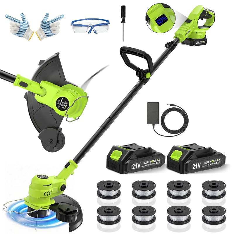 VOERJIA Cordless Grass Trimmer 21V with 2 Batteries, Lightweight Garden Strimmer with Adjustable Head