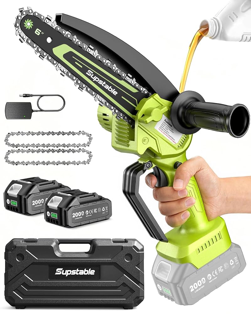 Supstable Mini Chainsaw 6 Inch, Battery Powered Cordless Chain Saw with 2 Batteries & Oiler for Wood and Tree Pruning