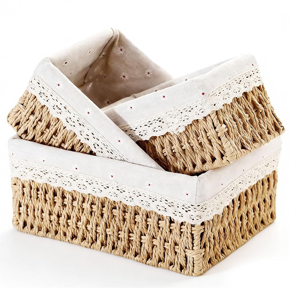 Set of 3 Storage Baskets, 3 Sizes Wicker Bathroom Basket, Natural Paper Rope