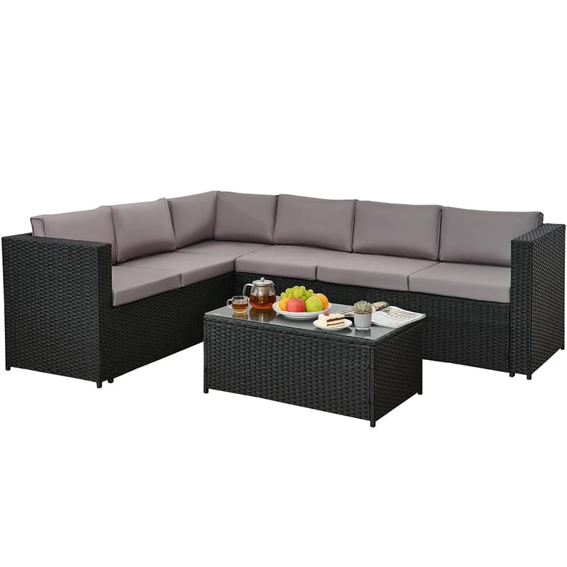 3 Pcs Aluminium Frame Rattan Garden Furniture Set, 6 Seater Corner Garden Sofa with Glass Coffee Table