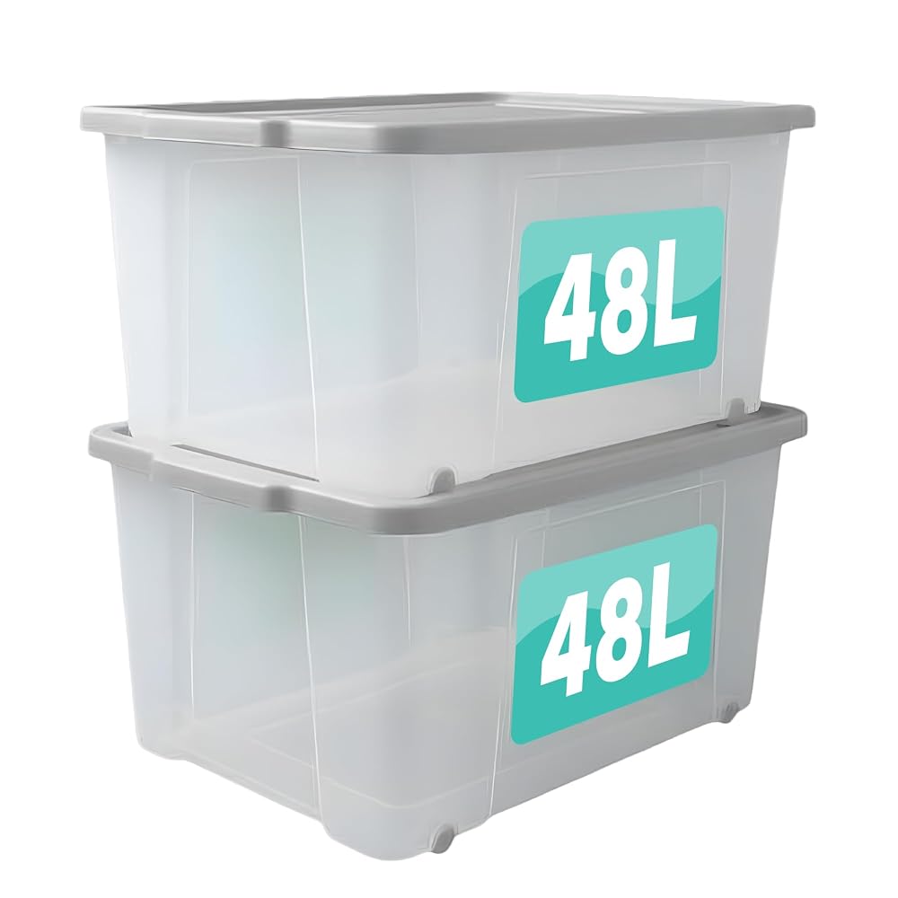 Optimal Products Set of 2 Plastic Storage Box with Lid & Wheels, Stackable Underbed Container, 48 Litre