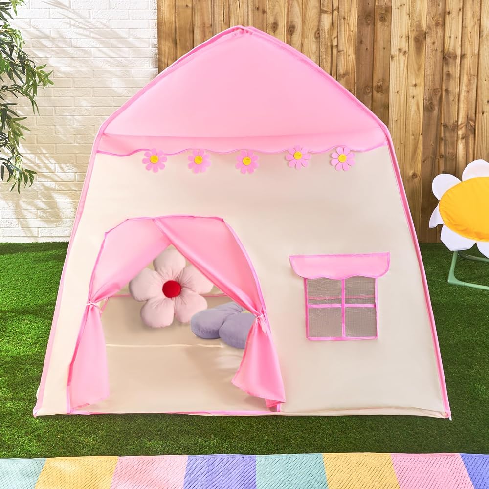 OHS Kids Play Tent, Pop Up Tents for Kids Indoor Outdoor Easy Set Up Toddlers Play House with Windows, Garden Toy House Gift for Boys and Girls, Pink - Flowers
