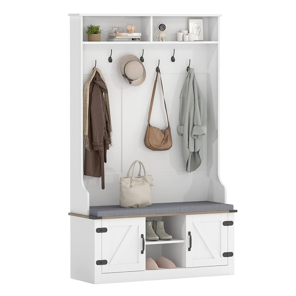 COSTWAY 174cm Freestanding Hall Tree with Coat Rack, Bench and Shoe Storage