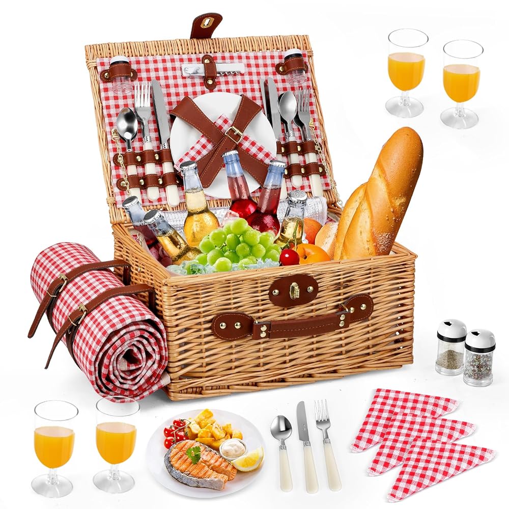 Couleeur Wicker Picnic Basket Set for 4 Person, Vintage Hamper with Cooler Compartment, Waterproof Blanket, Plates, Glasses & Cutlery, Red