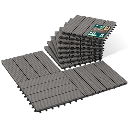 VOUNOT® WPC Decking Tiles Set of 11, Interlocking Terrace Deck Tiles, Anti-Slip Waterproof Outdoor Garden Patio Balcony Flooring, 30 x 30 cm, Grey