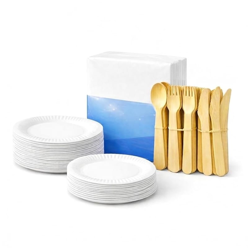 Disposable Partyware Set, 265 Pieces — 7 Inch Paper Plates (35 Pack), 9 Inch Paper Plates (30 Pack), 100 Napkins, 100 Wooden Cutlery for Parties, Picnics & Events