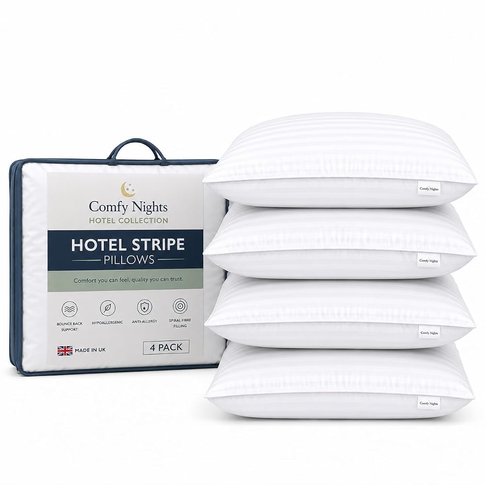 Comfy Nights Pillow 4 Pack, Hotel Quality Stripe Bed Pillows, Soft Support