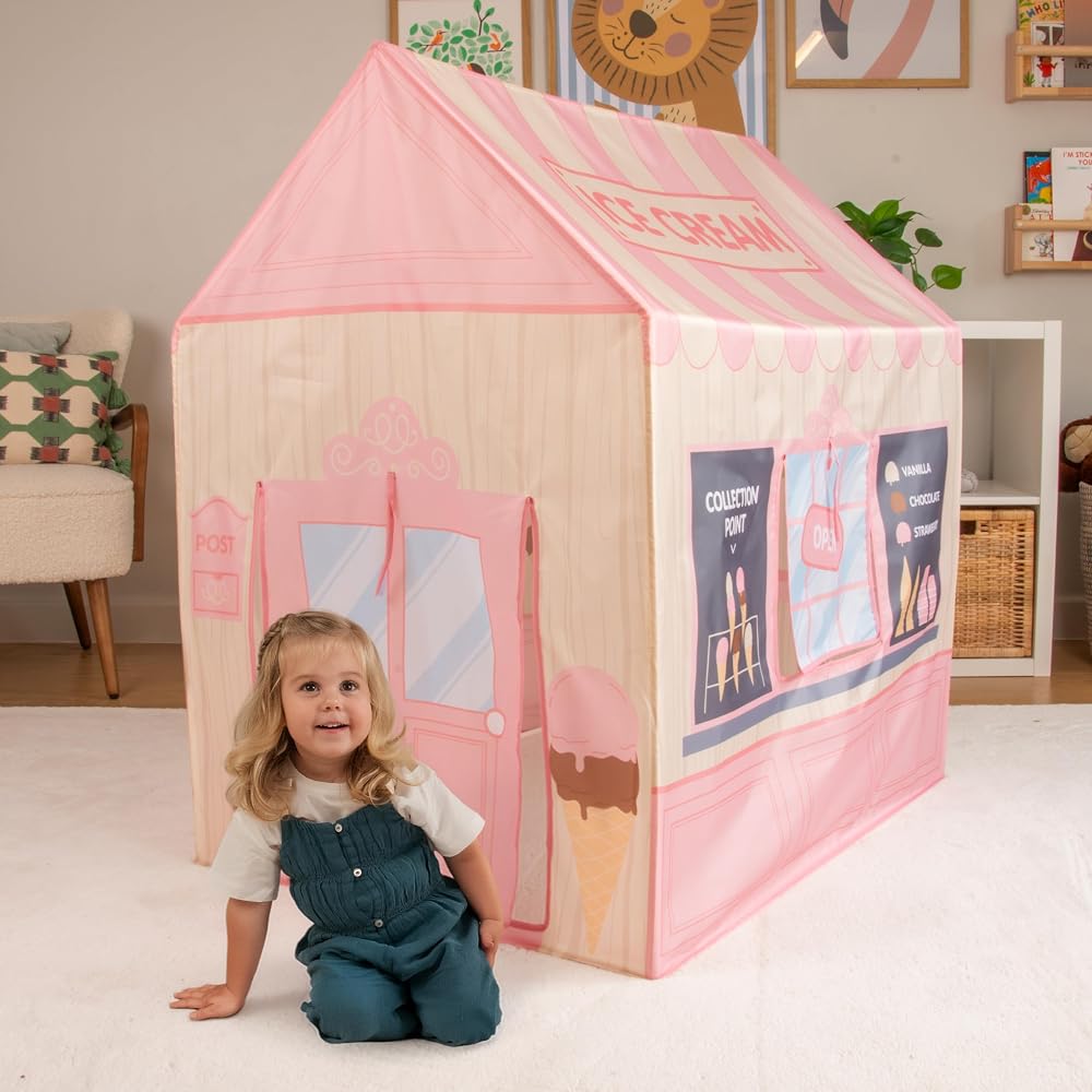 Mookie Activo Ice Cream Shop Play Tent Indoor Outdoor Kids Playhouse Role Play Tent with Roll Up Doors and Windows, Storage Bag, Easy Assembly, Ages 12+ Months