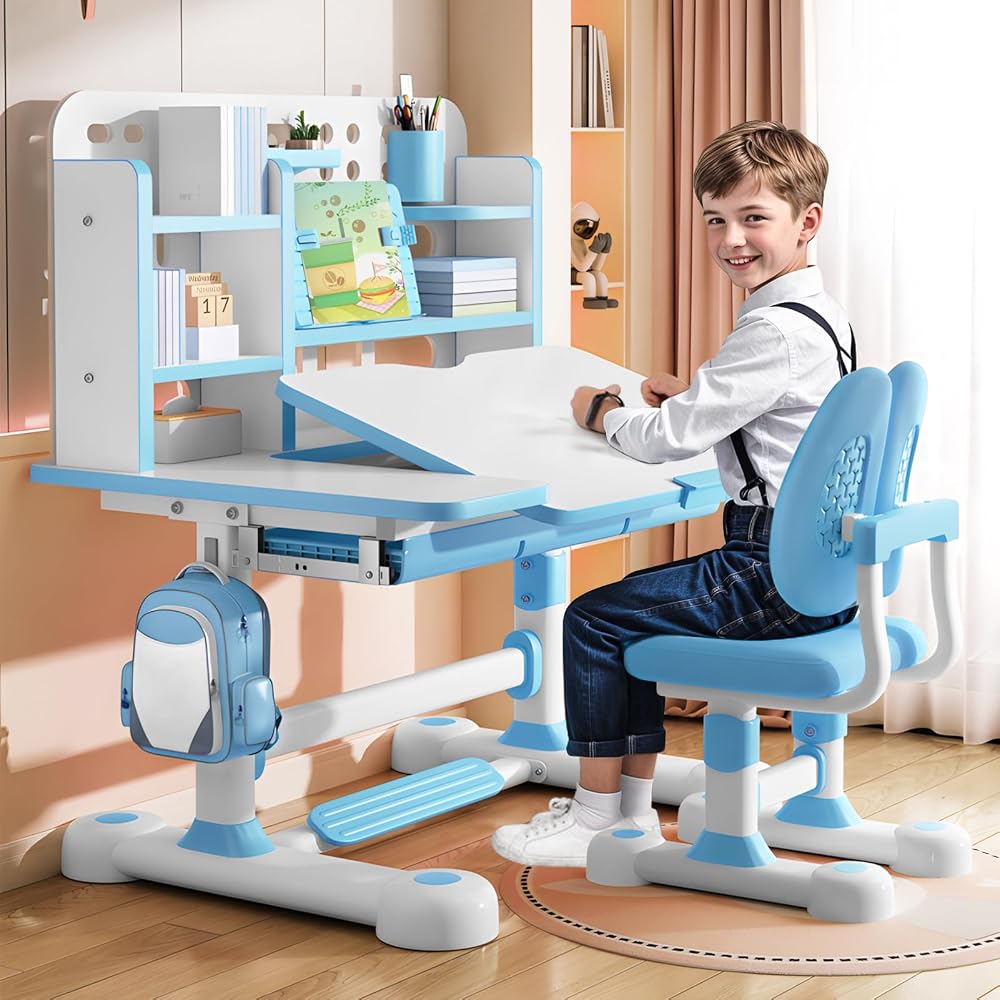 iondelce Kids Desk and Chair Set, Height Adjustable Childrens Desk with Tilt Desktop, Drawer, Storage Shelves, Pen Slot, Blue