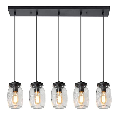 Mason Jar Pendant Light Fixture, 5-Light Adjustable Ceiling Lamp, Farmhouse Style for Kitchen Island