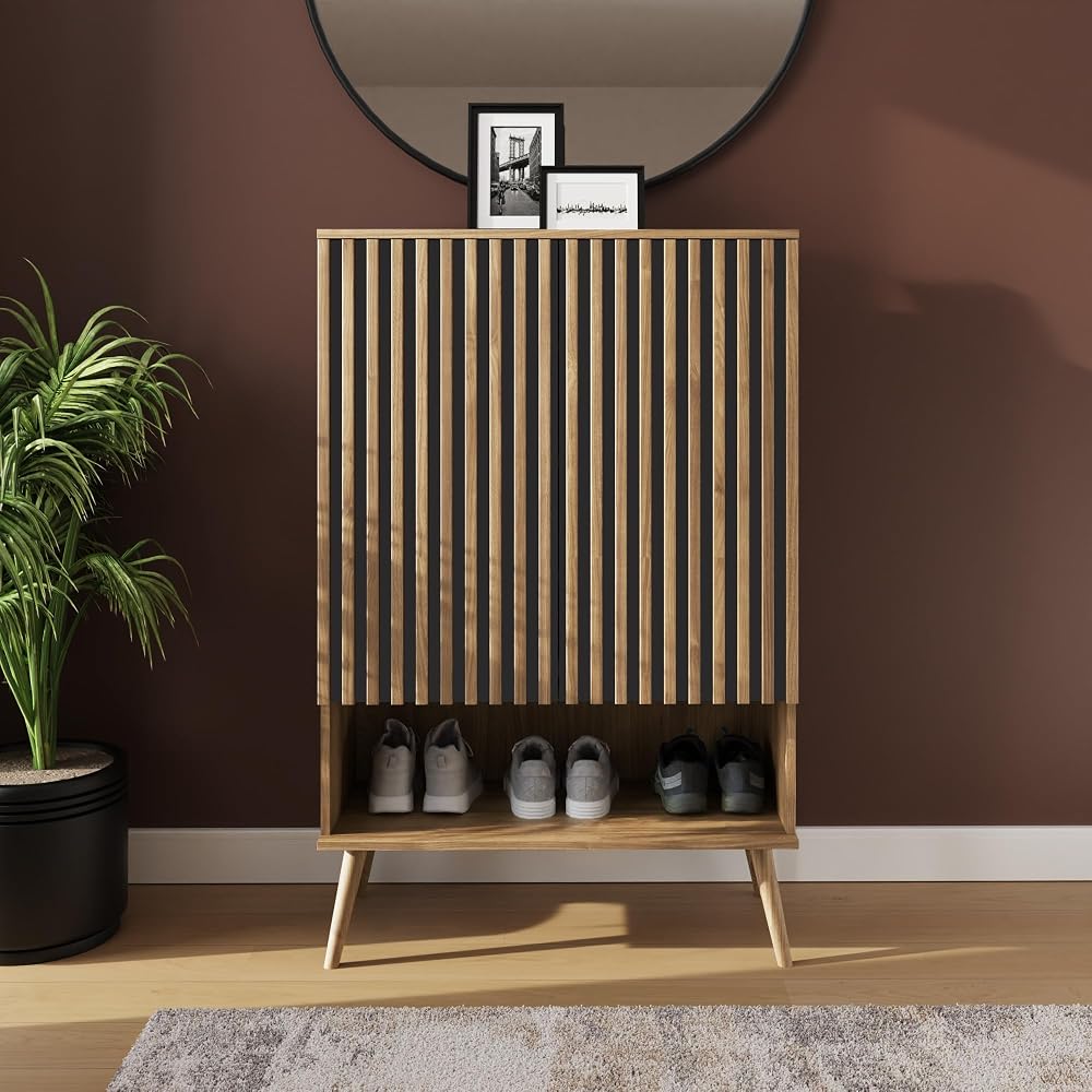 GFW Rowan Multi Storage Unit with Slatted Doors & Open Shelf, Oak Effect