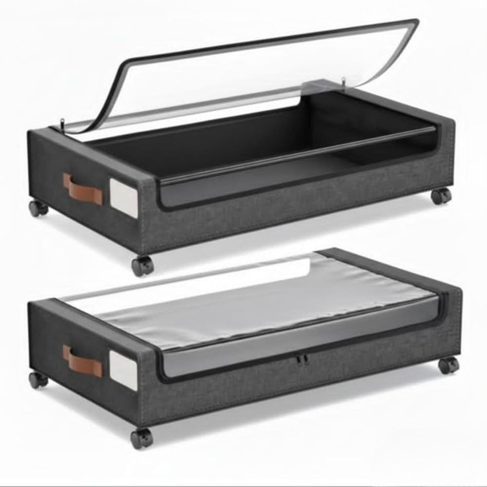 Under Bed Storage Box with Wheels, 2 Pack, Grey Fabric Rolling Storage with Clear Window, Zippered Underbed Storage for Clothes Shoes Bedding
