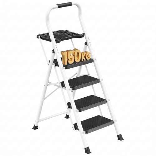 SONGMICS 4-Step Ladder with Tool Tray, Wide Anti-Slip Pedals Step Stool