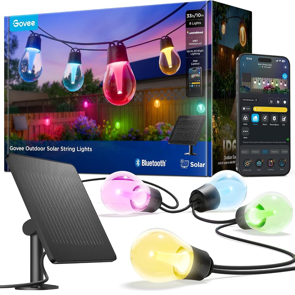 Govee Outdoor Solar String Lights 10m, RGBICW with 8 Dimmable Shatterproof LED Bulbs, App Control