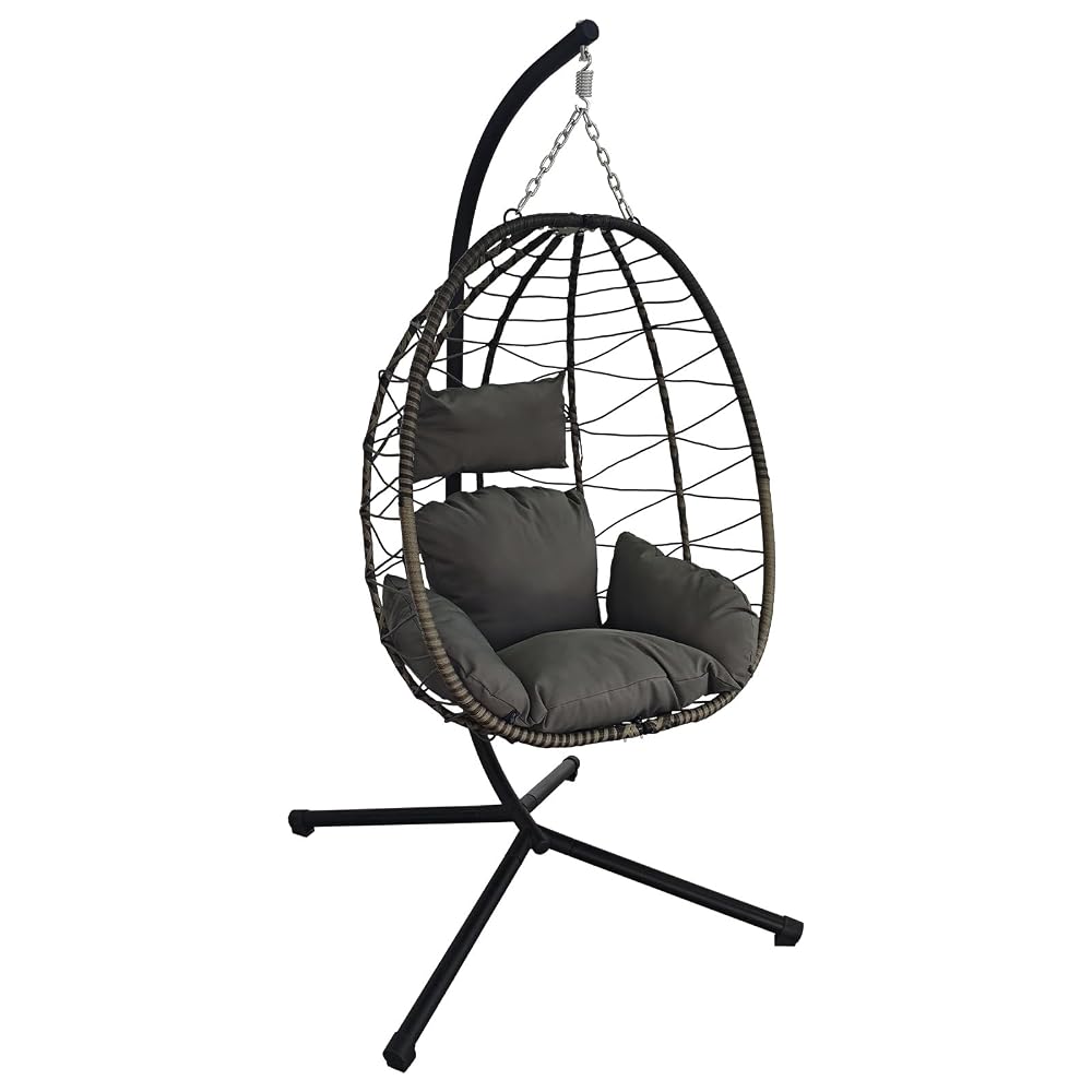 BIRCHTREE Hanging Egg Chair with Thick Cushions and Stand, PE Rattan Single, Grey