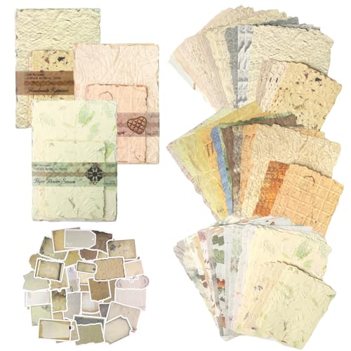 BATHRINS 124 Pcs Scrapbook Paper Kit, 4 Packs Textured Vintage and Embossed Decorative Paper with Stickers, for Junk Journal and Card Making