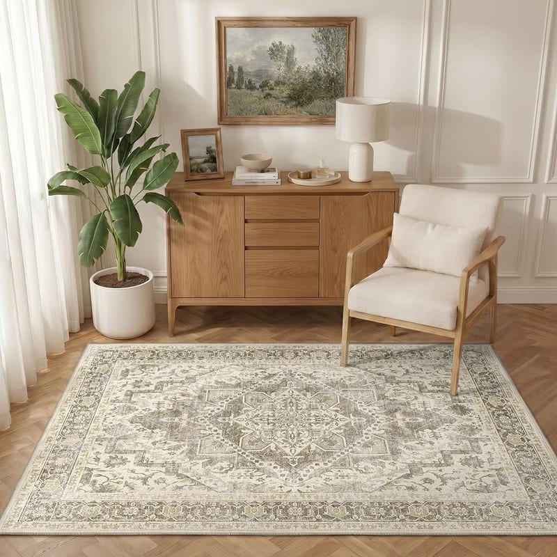 INOVADAY Vintage Washable Rug, Living Room 90x150cm, Non Slip Beige/Camel, Low Pile Print Pattern, Non-Shedding, Soft, Faded Look