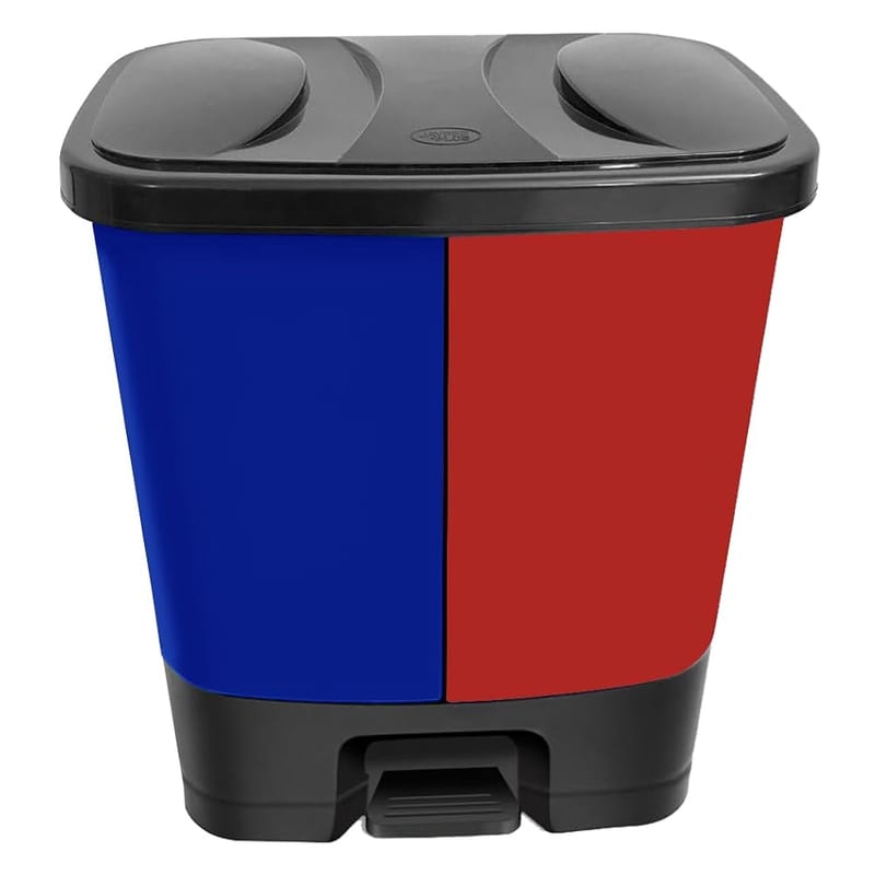 37L Dual Compartment Kitchen Pedal Bin - Twin Recycling & Waste Bin with Lid, 2 Removable Buckets, Foot Pedal, Colour Coded Split Waste Bin for Dry & Wet Rubbish (Blue & Red)