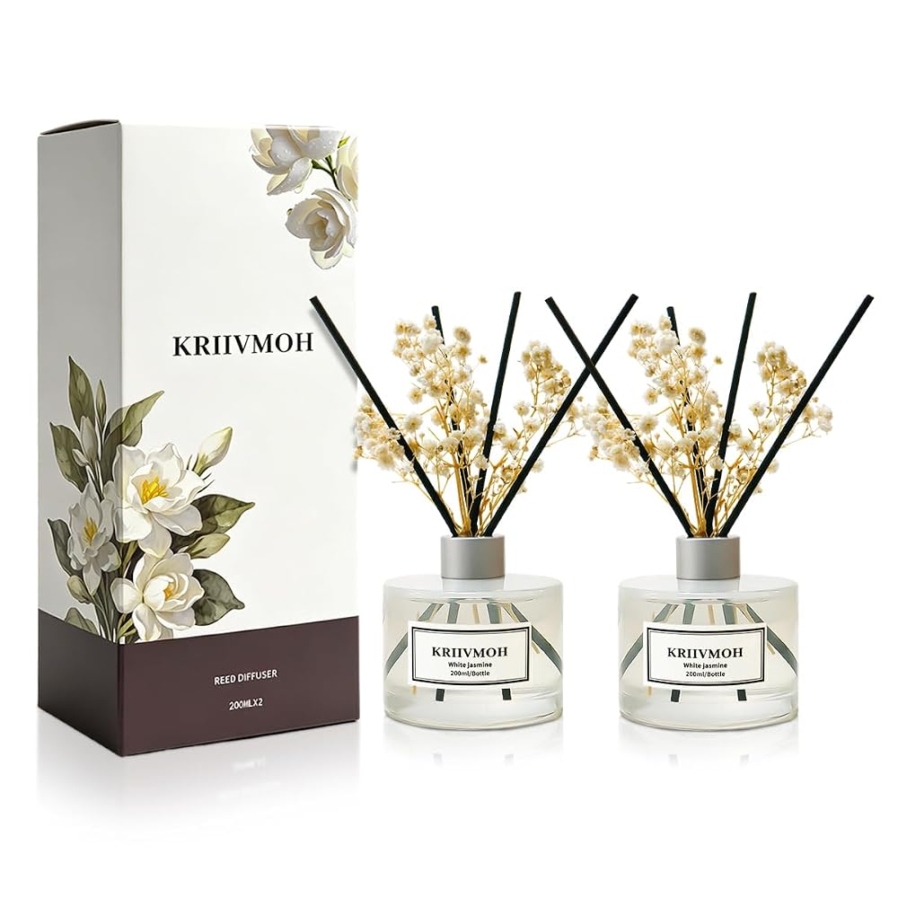 KRIIVMOH Reed Diffuser Set, 2 Pack 200ml White Jasmine Fragrance with 16 Reed Sticks