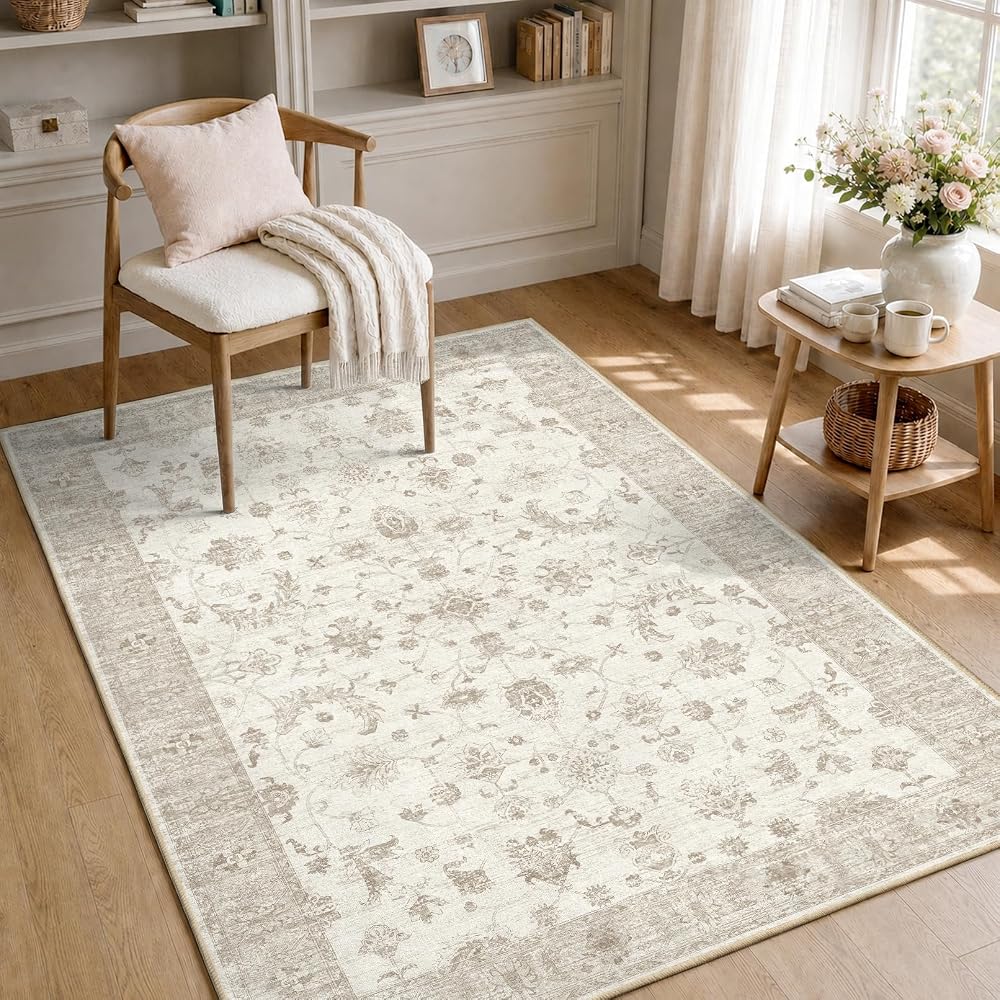 INOVADAY Washable Rug Living Room 80x150cm, Non-Slip Low Pile Vintage Boho Area Rug, Beige