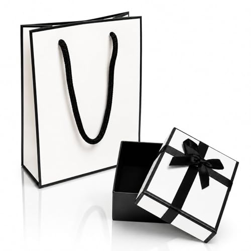 Gift Bag and Gift Box Set, 7x9x3cm Premium Black & White Jewellery Box Gift and Paper Gift Bag, Elegant Small Gift Bags with Lid for Bracelet Earring Rings Necklaces Earrings Presents