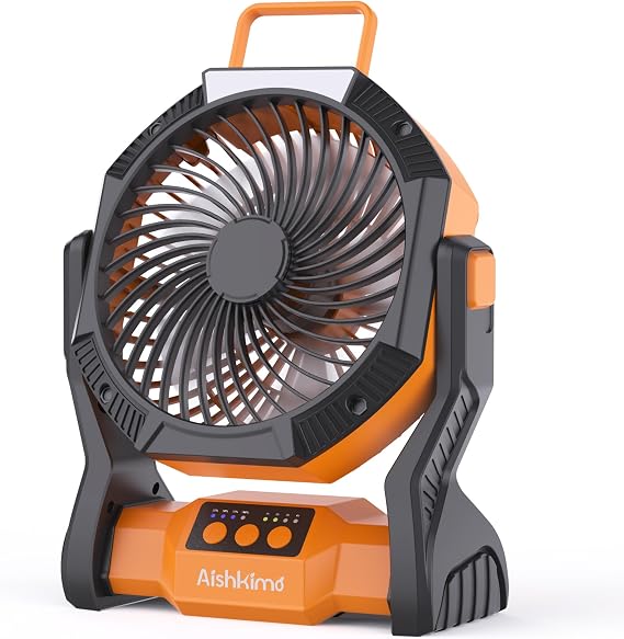 Portable Camping Fan with LED Light, 10000mAh Rechargeable Tent Fan with Hanging Hook, 4-Speed Adjustable Outdoor Fan for Picnic, BBQ, Fishing, Travel - Orange