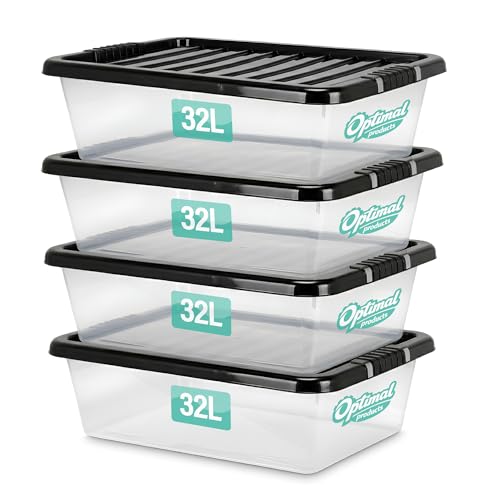 4 x 32 Litre Underbed Plastic Storage Boxes with Lids Set of 4, Clear Multipurpose Nestable Stackable Plastic Storage Box 32L Clear Containers Boxes For Home, Kitchen, Office, Garage, Accessories