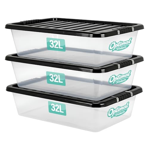 3 x 32L Underbed Plastic Storage Boxes with Lids Set of 3, Clear Multipurpose Nestable Stackable Storage Box 32L Clear Containers Boxes For Home, Kitchen, Office, Garage, Accessories Uses