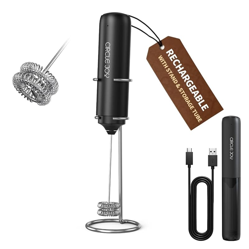 CIRCLE JOY Electric Rechargeable Milk Frother Handheld with Cover & Stand, Dual Spring Whisk